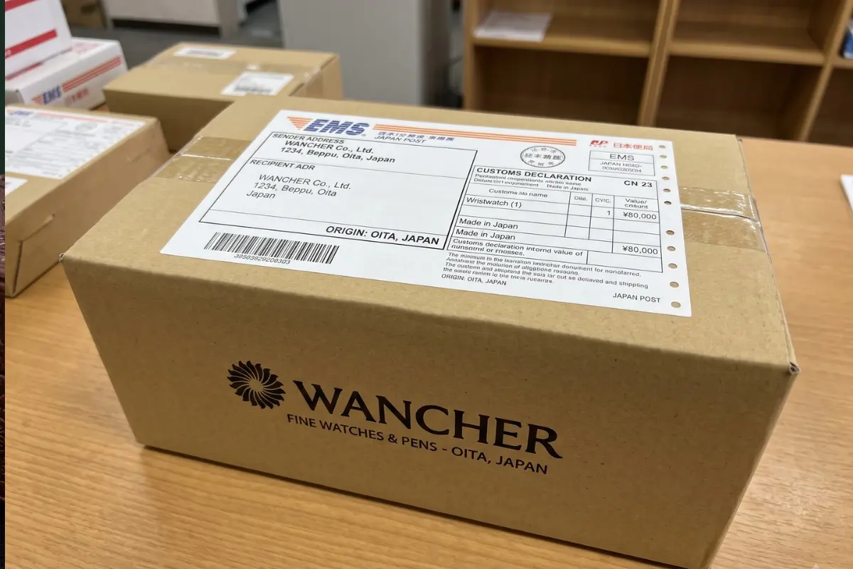 ancher shipping box with Japan Post EMS label and customs declaration form Orders leave Oita, Japan.