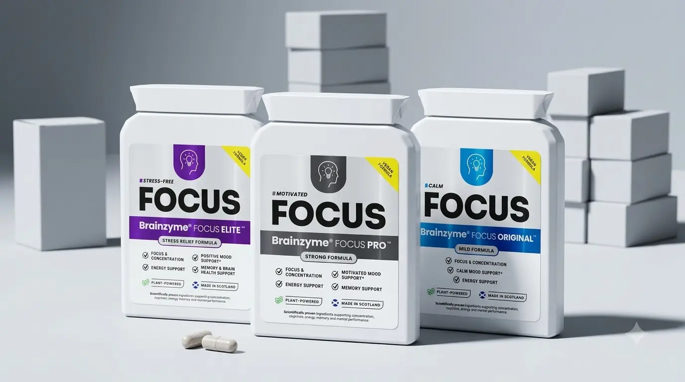 Brainzyme FOCUS PRO one-month, three-month, and six-month supply packs side by side