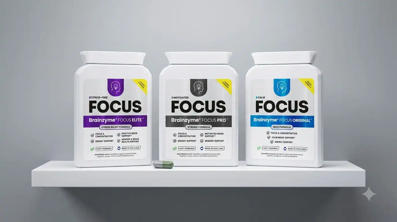 Brainzyme Focus Original bottle next to Focus Pro and Focus Elite bottles