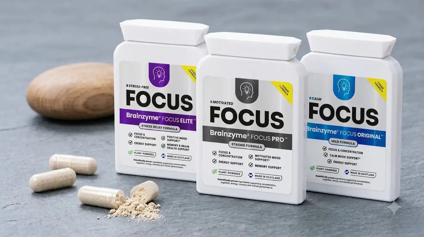 Brainzyme Focus Pro supplement bottle and capsules for ADHD focus support