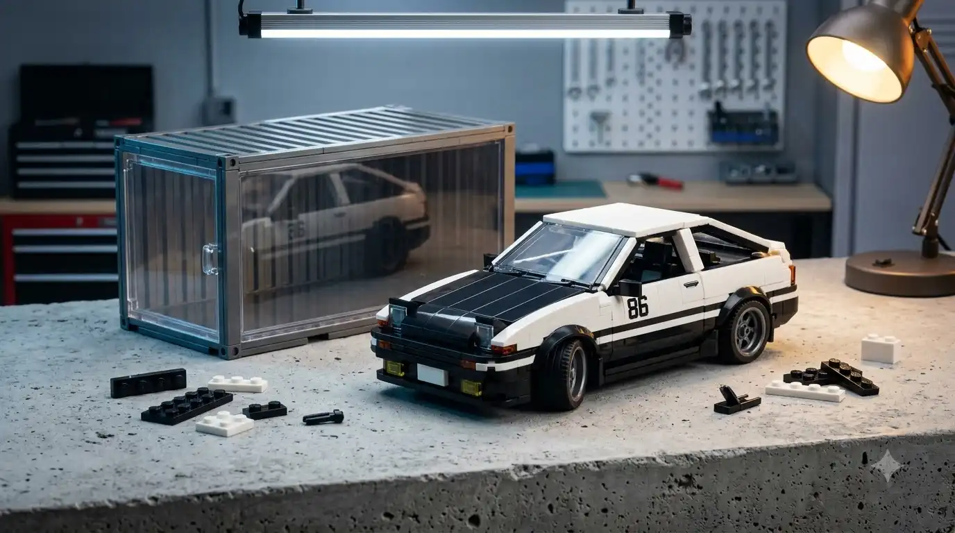 BAV Brick 1:24 Toyota AE86 set shown next to its included BAV Brick display case