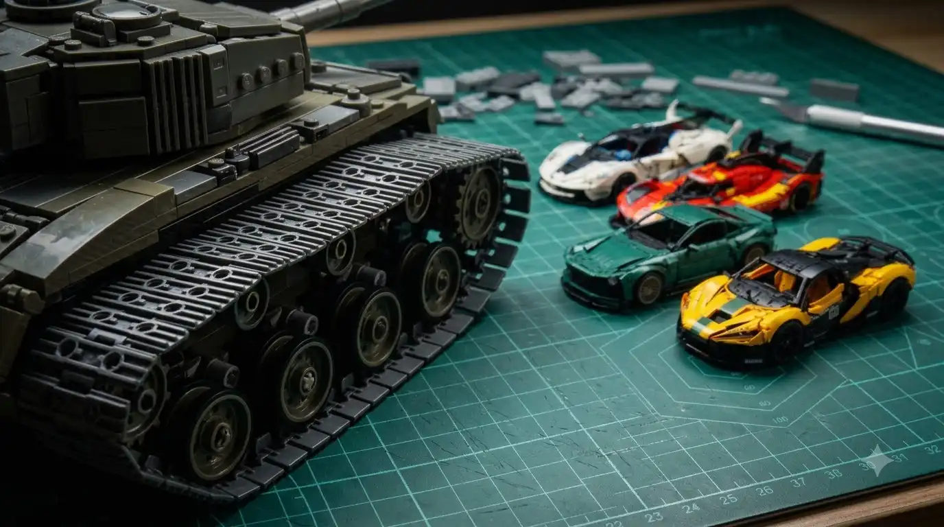 close-up of a BAV Brick military remote-controlled tank build with tracks and turret