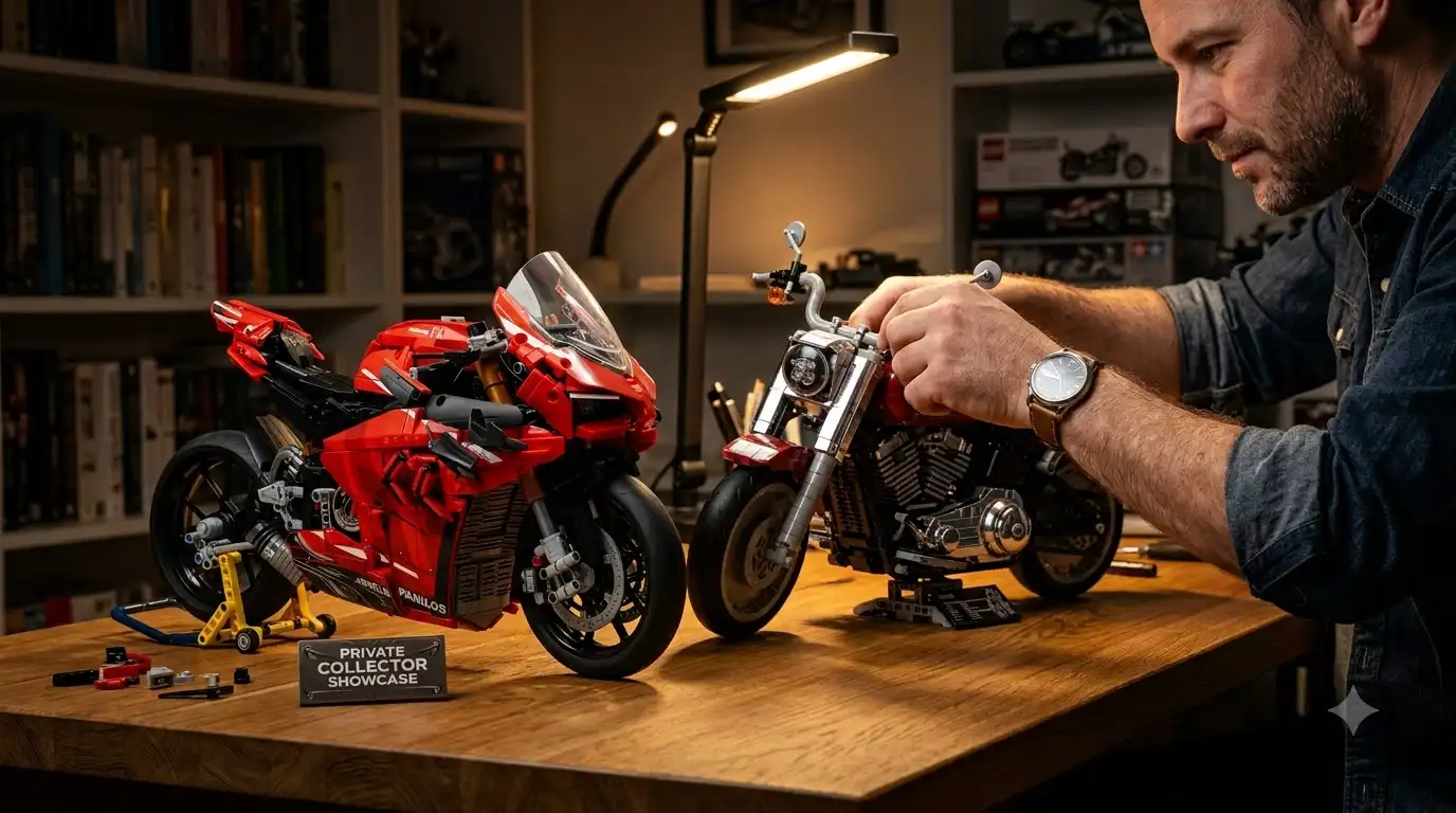 assembled BAV Brick motorcycle, Harley-Davidson Fat Boy style on a display stand