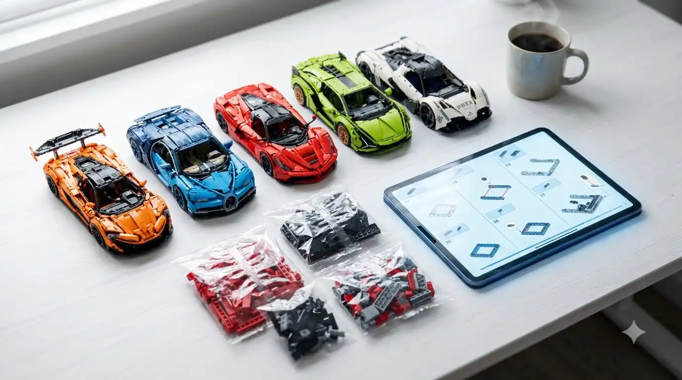 Sorted parts bags beside a tablet showing PDF building instructions for the BAV Brick Ferrari 499P