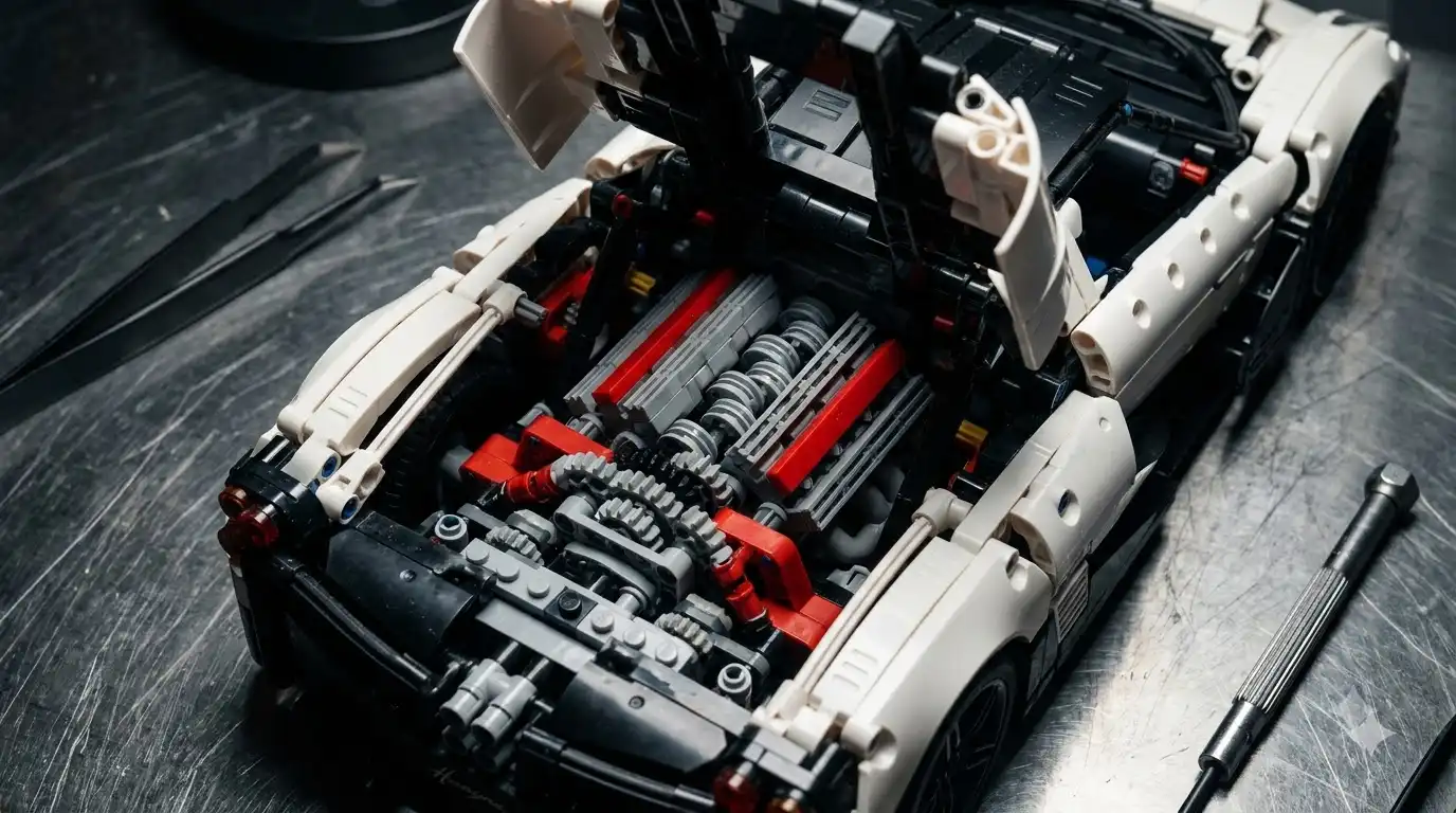 Opening engine cover revealing the V16 engine with rotating pistons