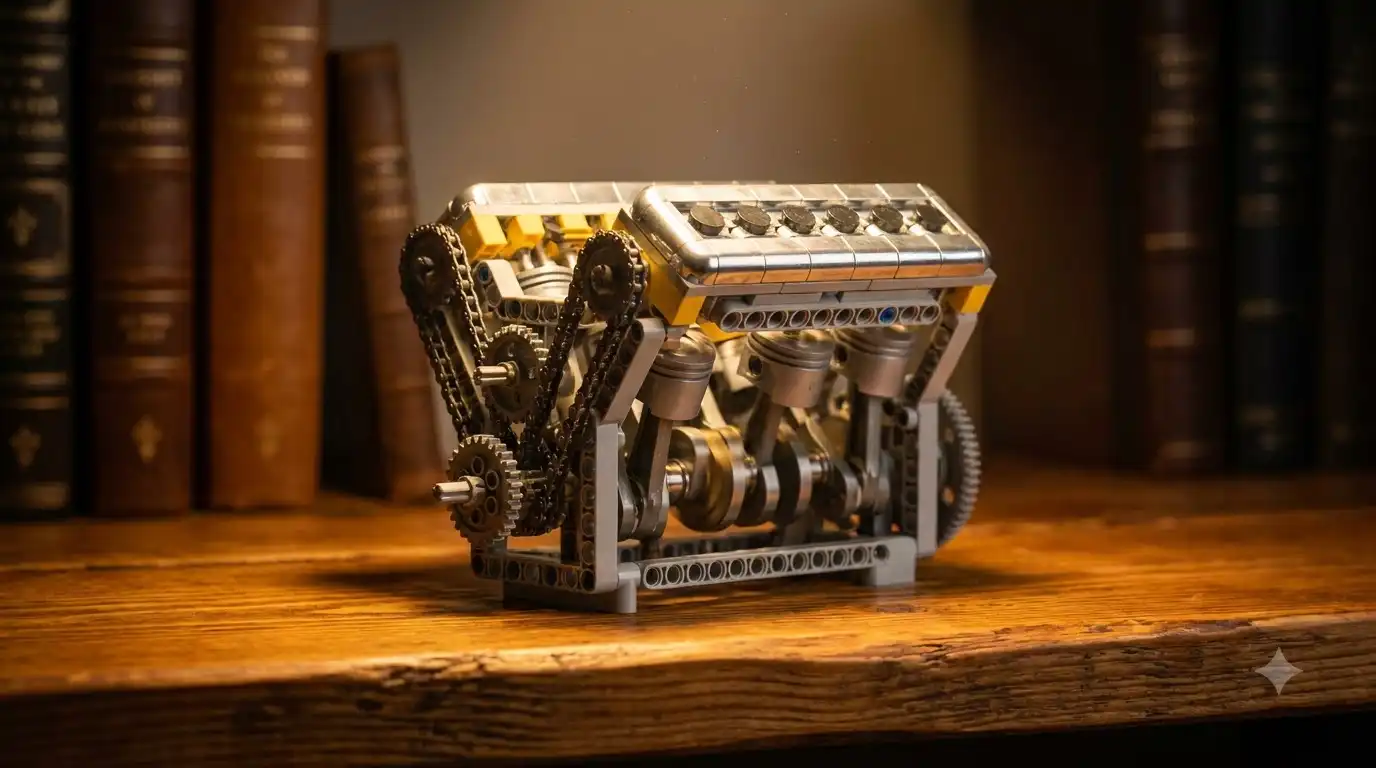 Motorized V12 engine brick model displayed on a wooden shelf