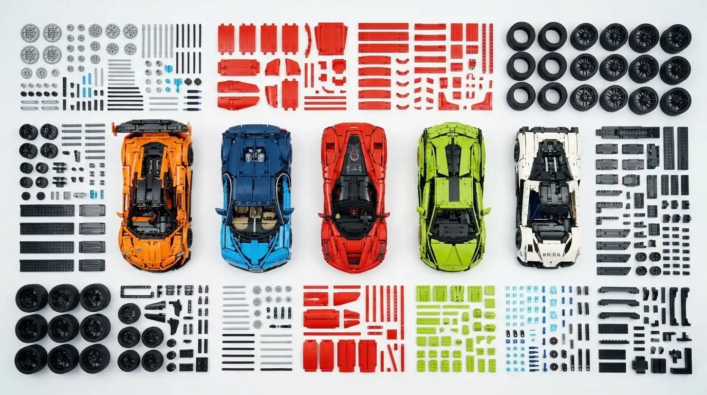 Parts of a BAV Brick 1:24 set grouped by build section