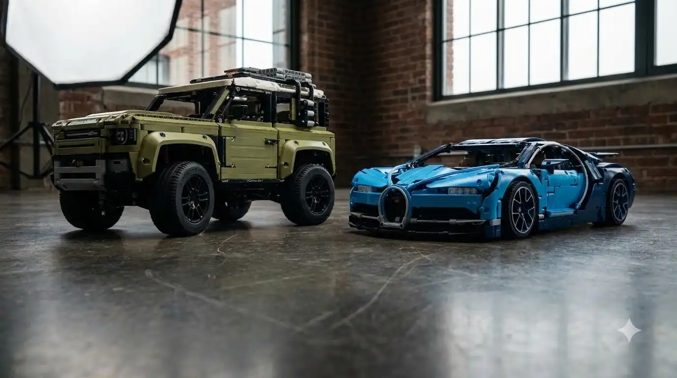 Side view of the 1:8 Land Rover Defender beside a supercar