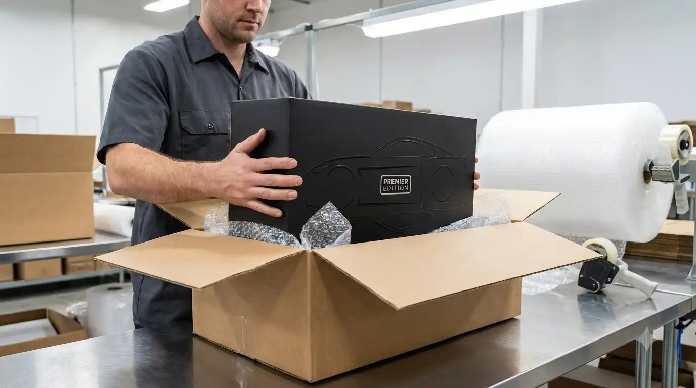 Worker packing a boxed brick set into a shipping carton"