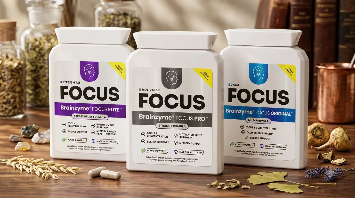 Brainzyme Focus Original, Pro, and Elite bottles lined up together