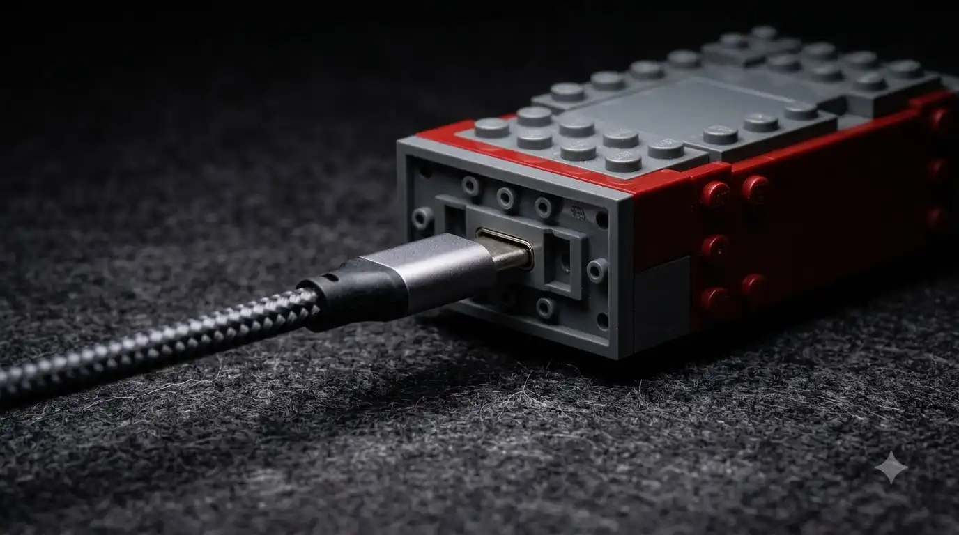 USB-C cable plugged into the charging port of a BAV Brick set