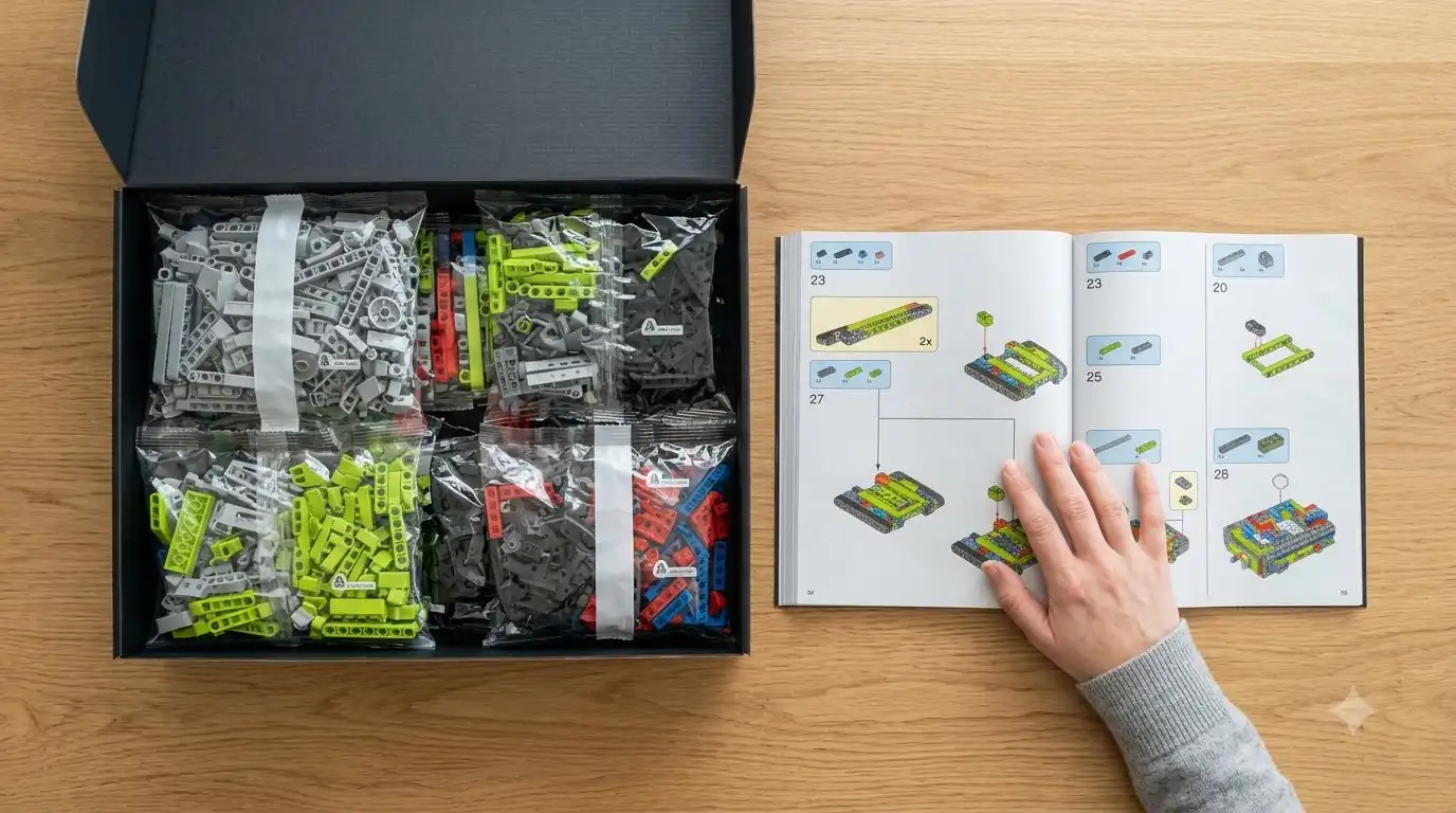 BAV Brick unboxing contents with sorted part trays and instruction booklet