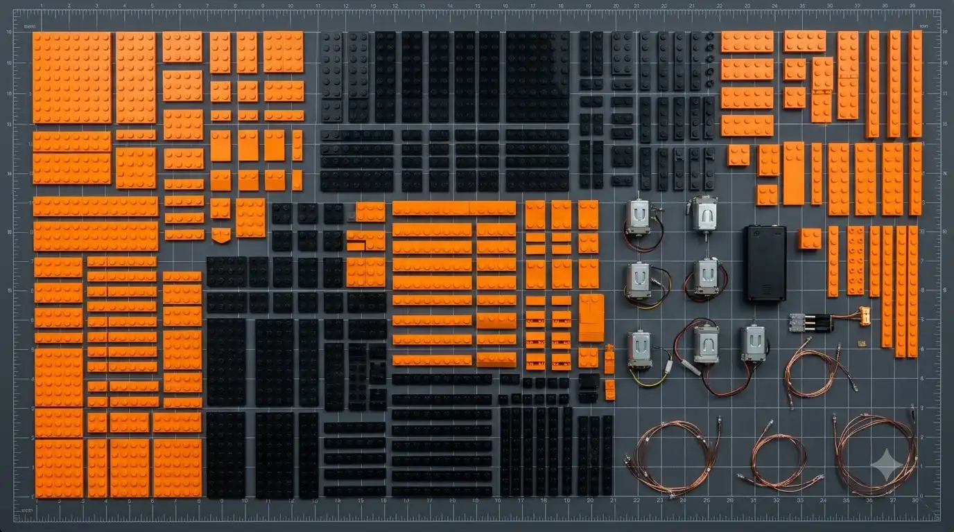 BAV Brick McLaren W1 kit pieces with optional RC and LED add-ons laid out