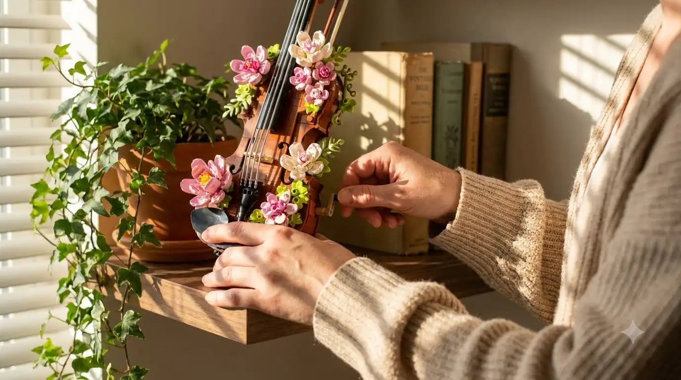 BAV Brick violin flowers music box assembled on a shelf