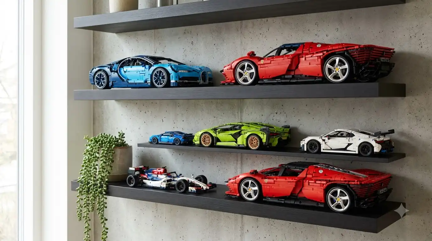 Six BAV Brick sets shown at different scales on one shelf