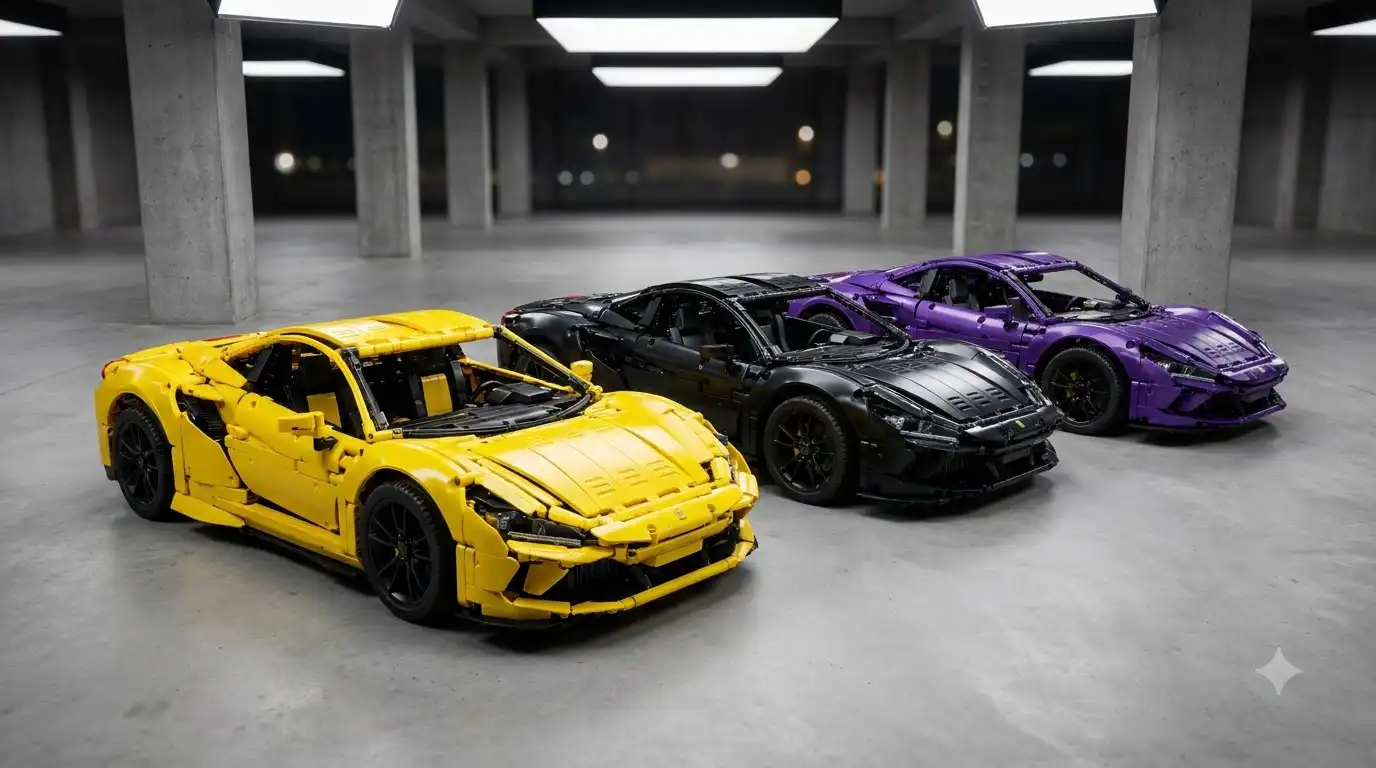 Lineup of BAV Brick Lamborghini Sian color editions in black, yellow, and purple