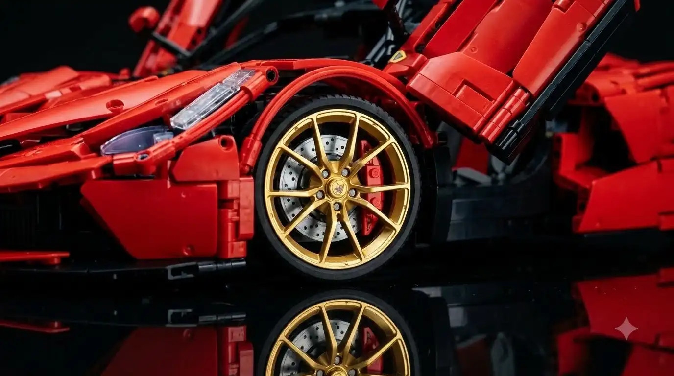 Close-up of the motorized butterfly doors and custom wheel and brake detail of the bav brick alfa romeo 33 stradale