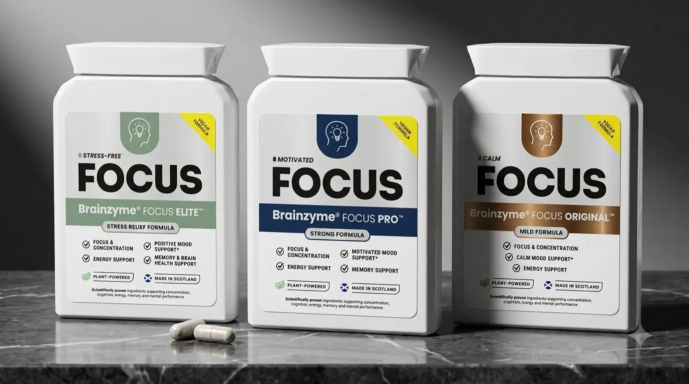 side-by-side Brainzyme FOCUS PRO ELITE and ORIGINAL bottles for focus comparison