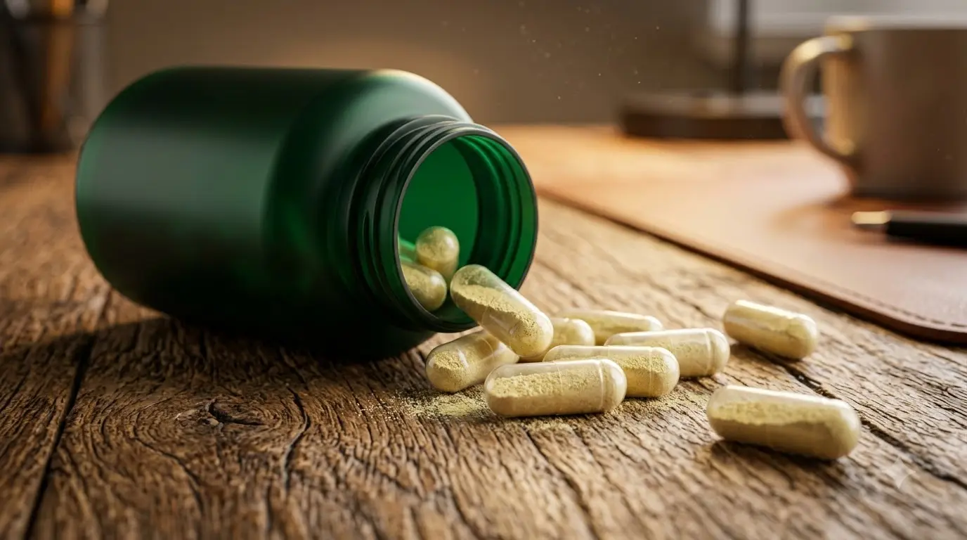 Brainzyme Focus supplement bottle and capsules on a wooden desk