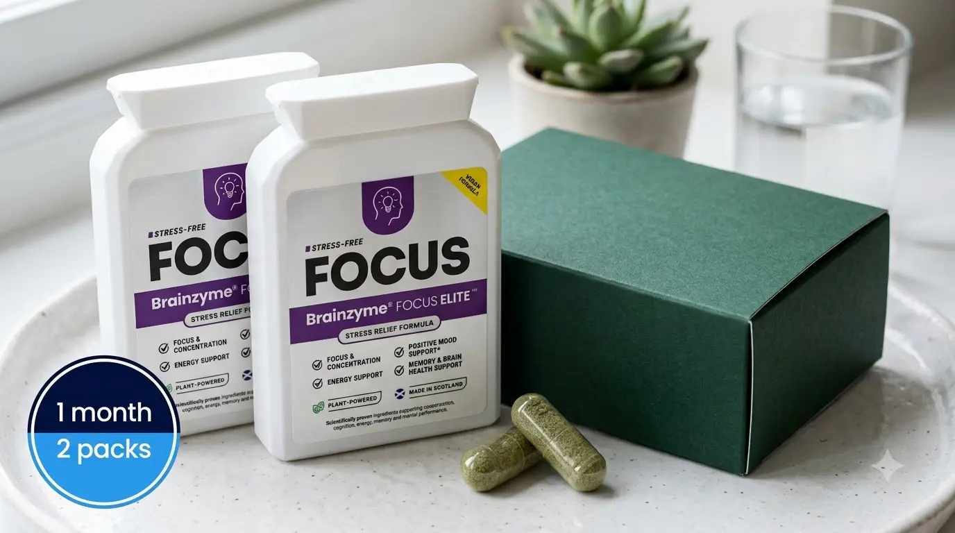 Brainzyme Focus Elite review pack shown next to two daily capsules