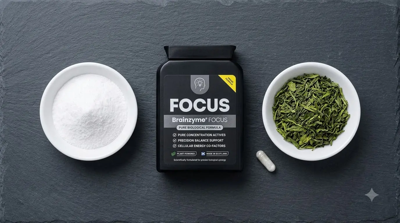 supplement label comparing caffeine and L-theanine amounts in focus pills