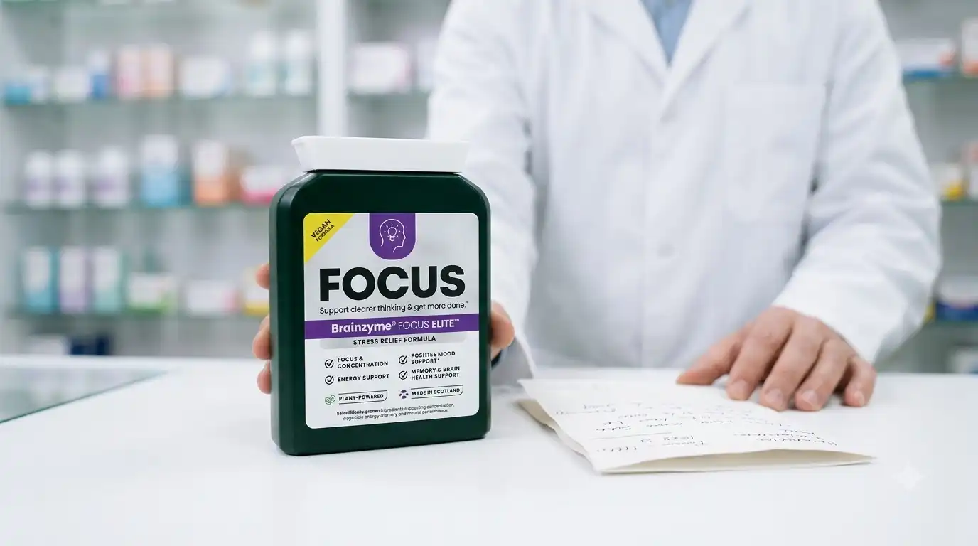 Supplement bottles beside a medication list ready to review with a pharmacist