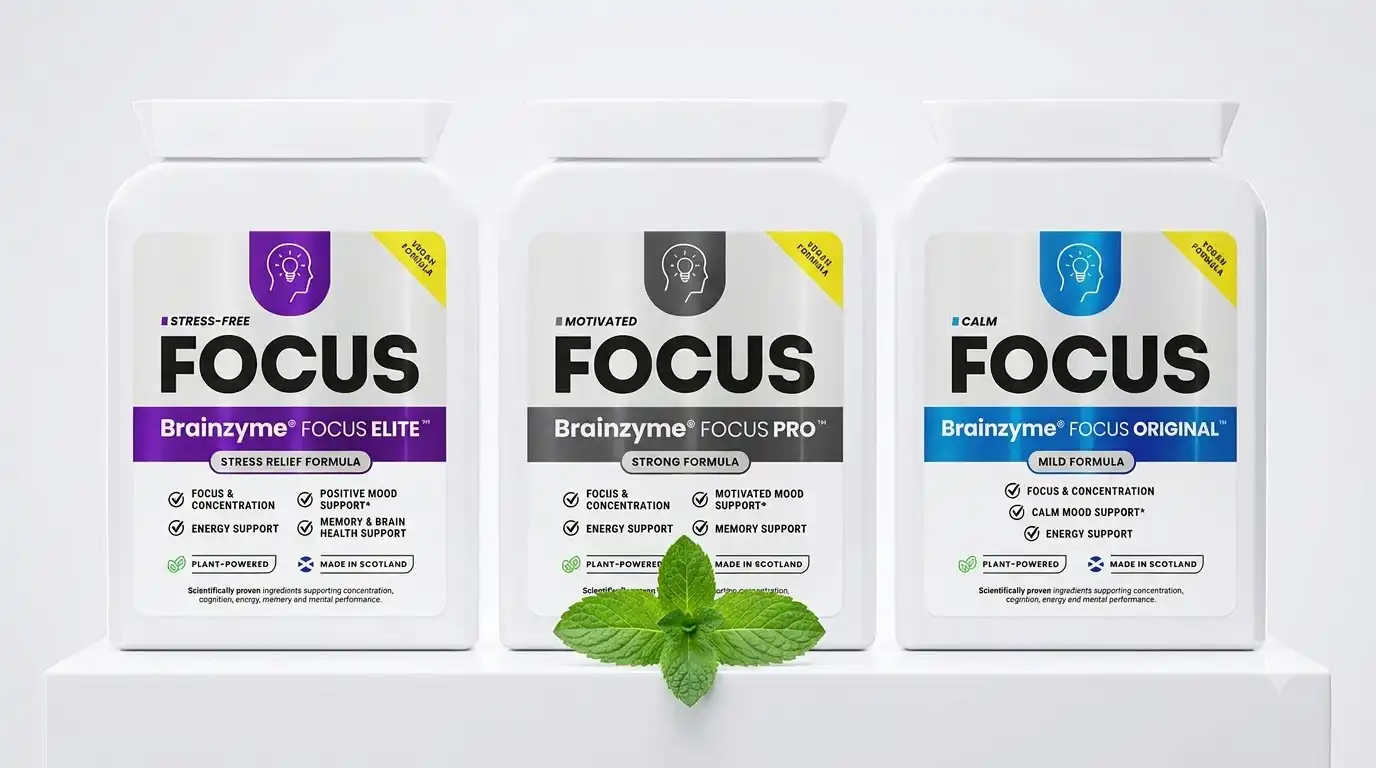 Three Brainzyme FOCUS capsule packs ORIGINAL, PRO and ELITE lined up together