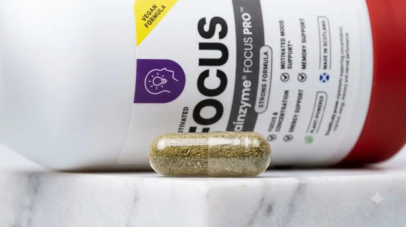 close-up of Brainzyme capsule and ingredient label detail