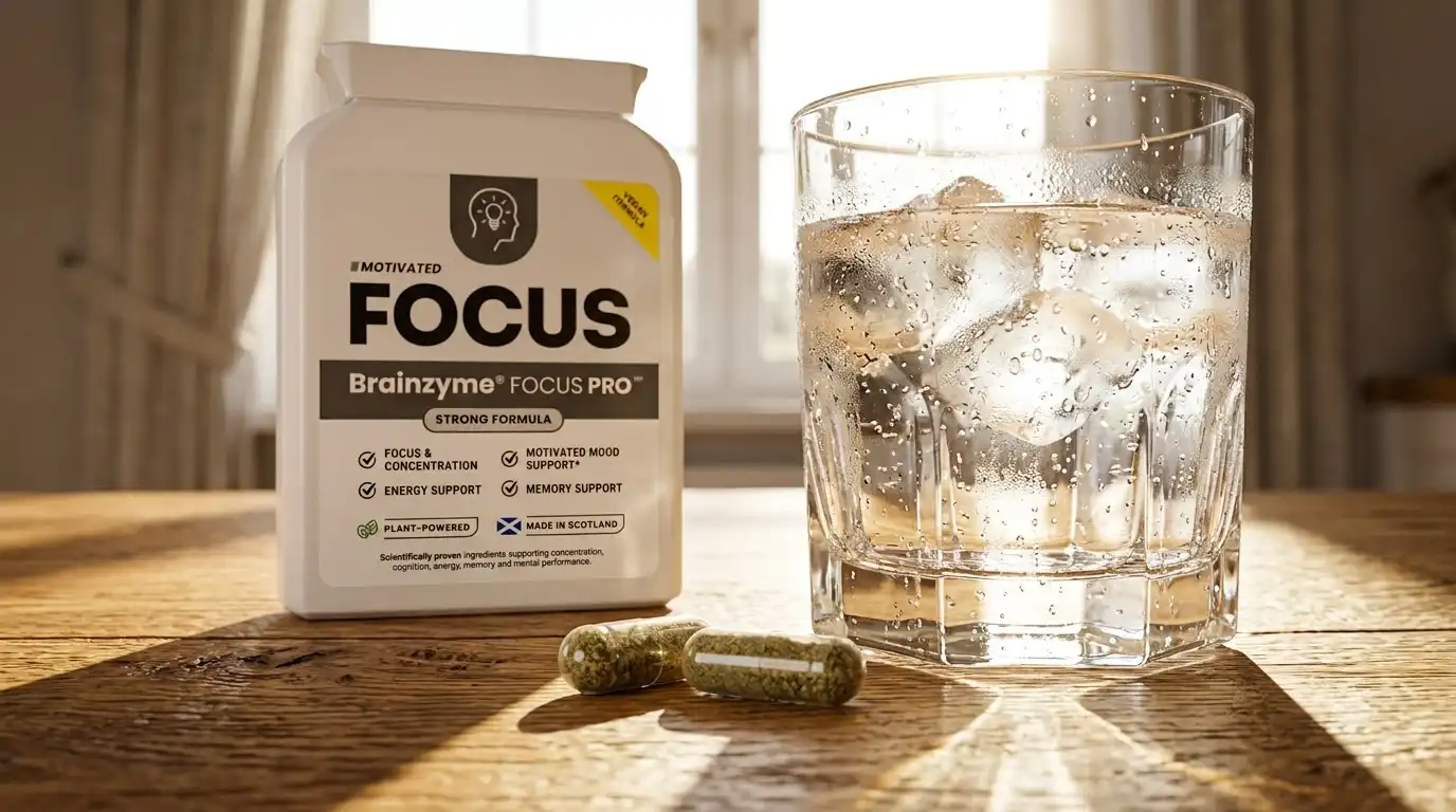 Two Focus Pro capsules next to a glass of water