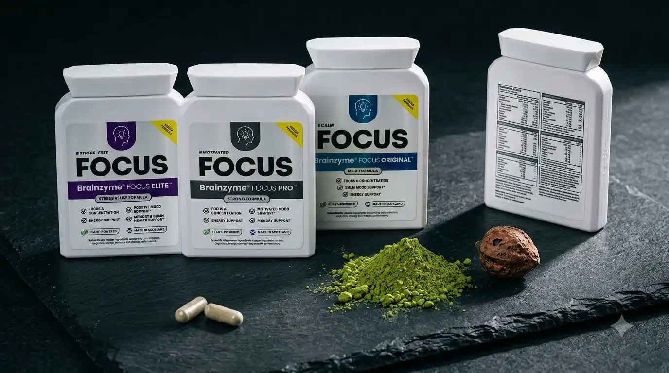 Close-up of Brainzyme Focus Original ingredient label listing matcha and guarana