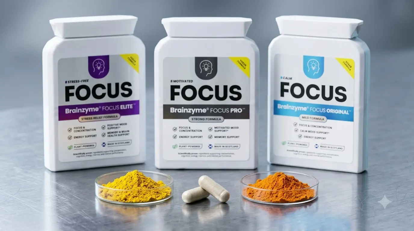 Close up of Brainzyme capsules next to B vitamin and choline icons.