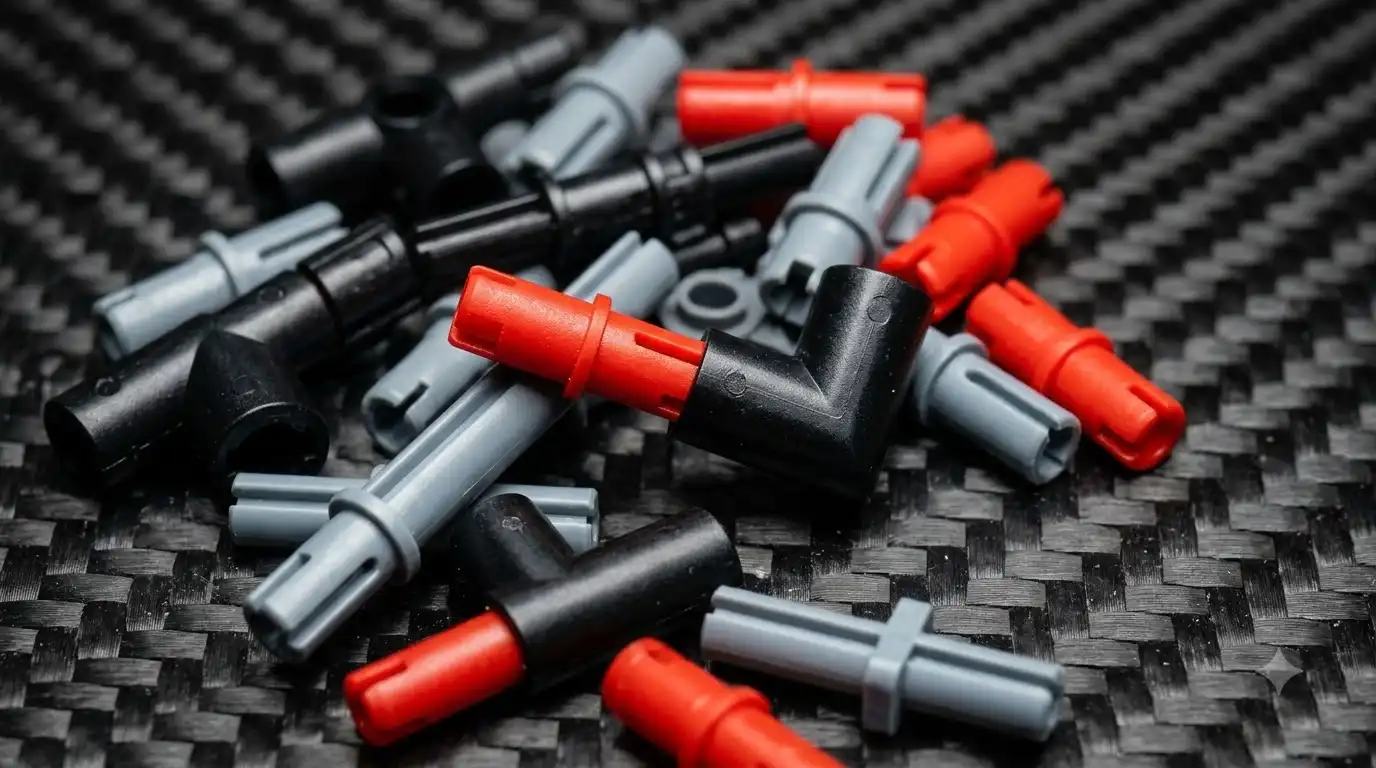 close-up of Technic style pin and axle connectors from brands like BAV Brick