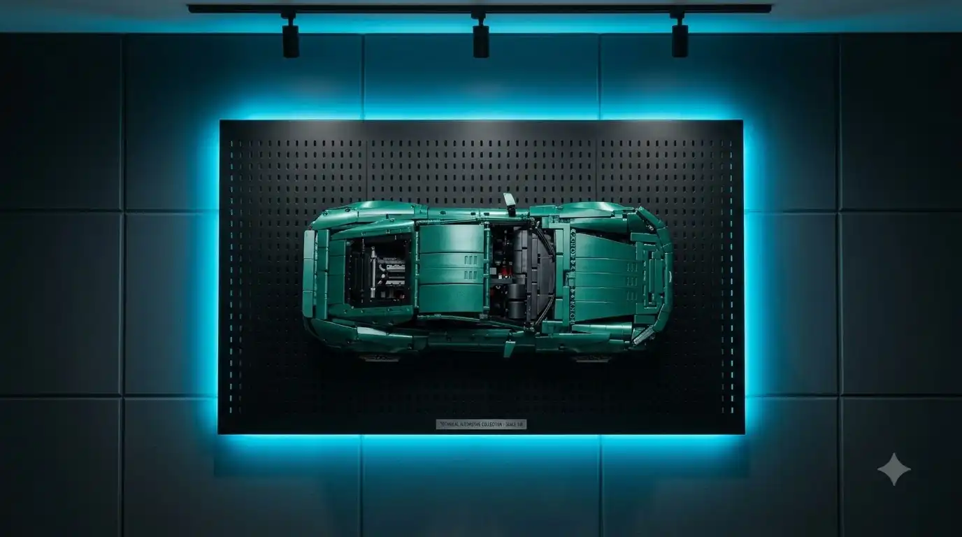 BAV Brick wall mounted display frame with LED ambient lighting behind a supercar model