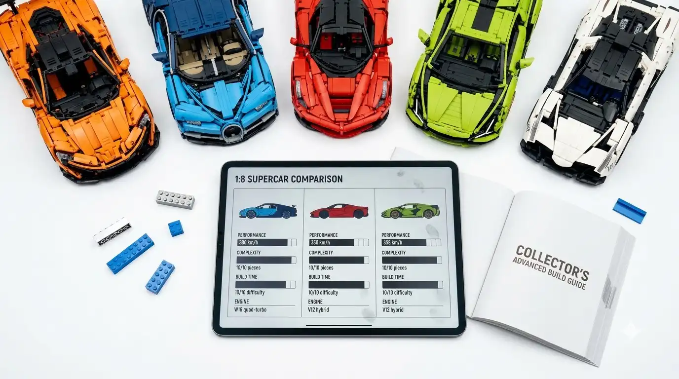 BAV BRICK 1:8 supercar comparison table showing prices for Lambo V12, Corvette C8, and Mission X