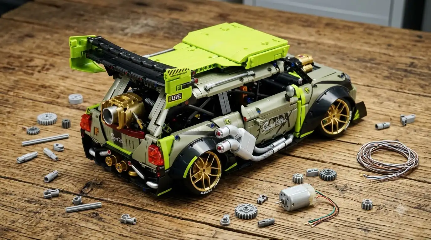 Brick supercar with doors, hood and rear spoiler raised by remote control