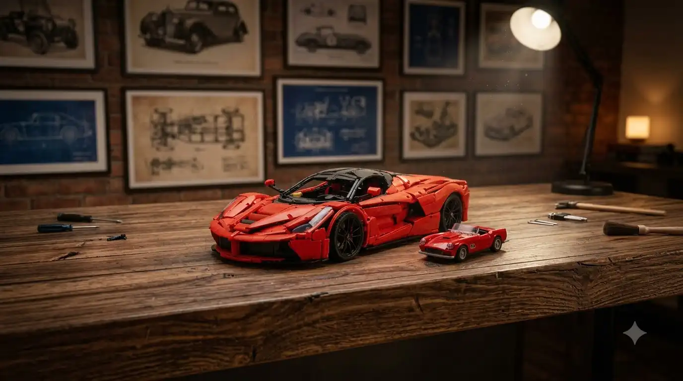 small 1:24 car, the ideal size of BAV Brick for beginners, placed beside a large 1:8 hypercar