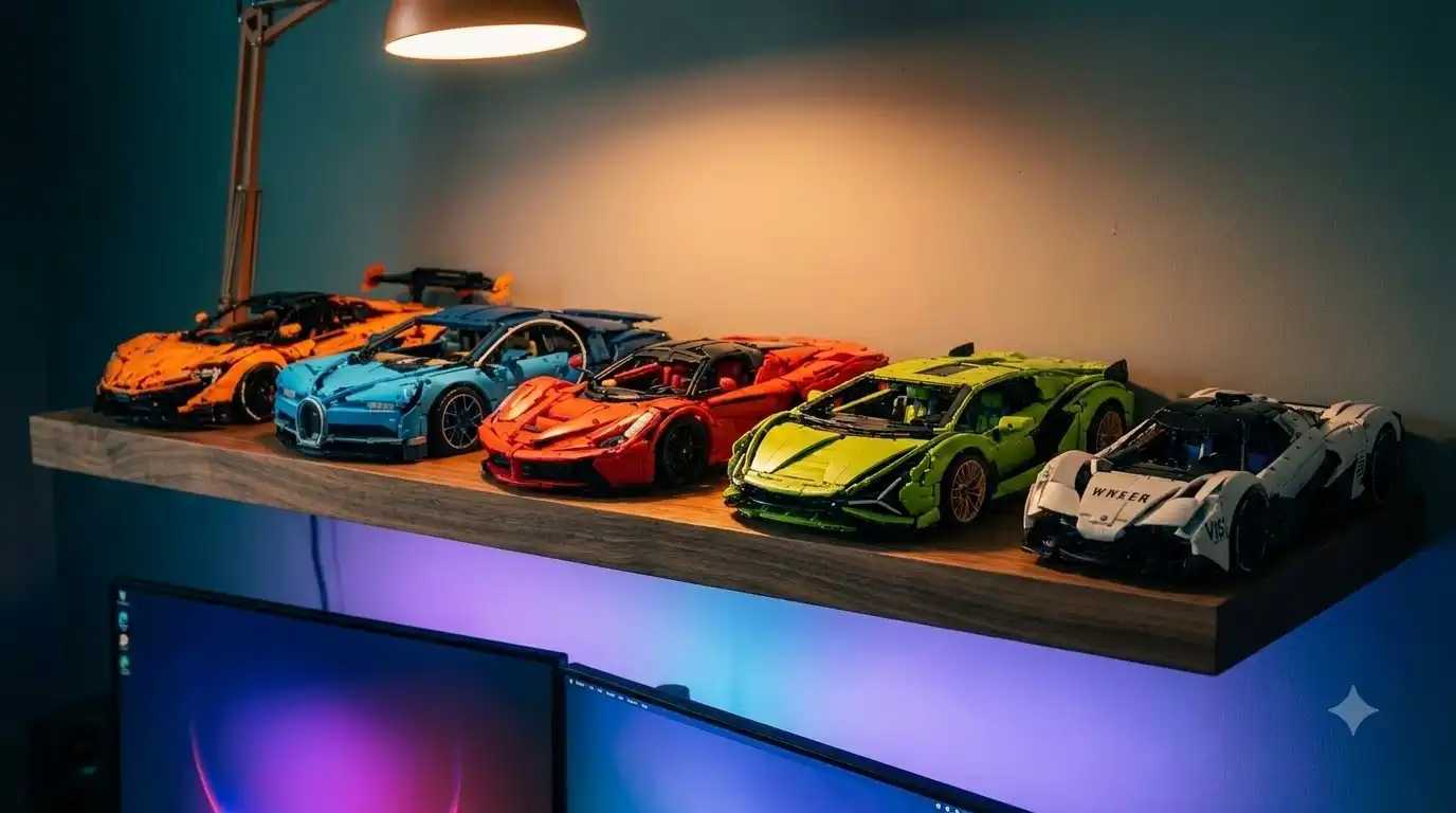 Finished 1:24 Le Mans hypercar BAV Brick Ferrari 499P model on a desk shelf