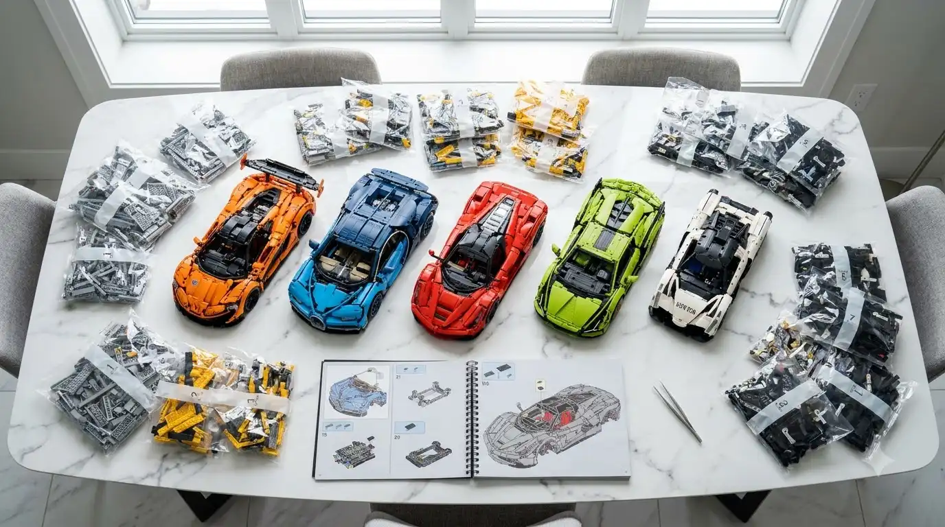 Printed instruction manuals and sorted part bags for the GT3 build