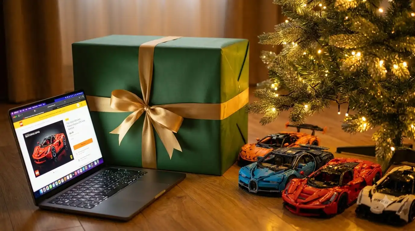 Wrapped brick car model gift beside a Christmas tree and laptop