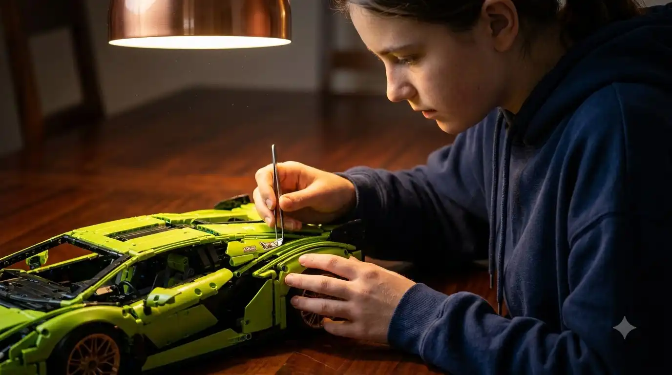Teen applying decals to a large BAV Brick supercar model