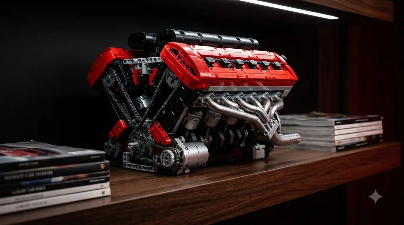 Motorized Ferrari SP3 V12 engine model on a collector display shelf