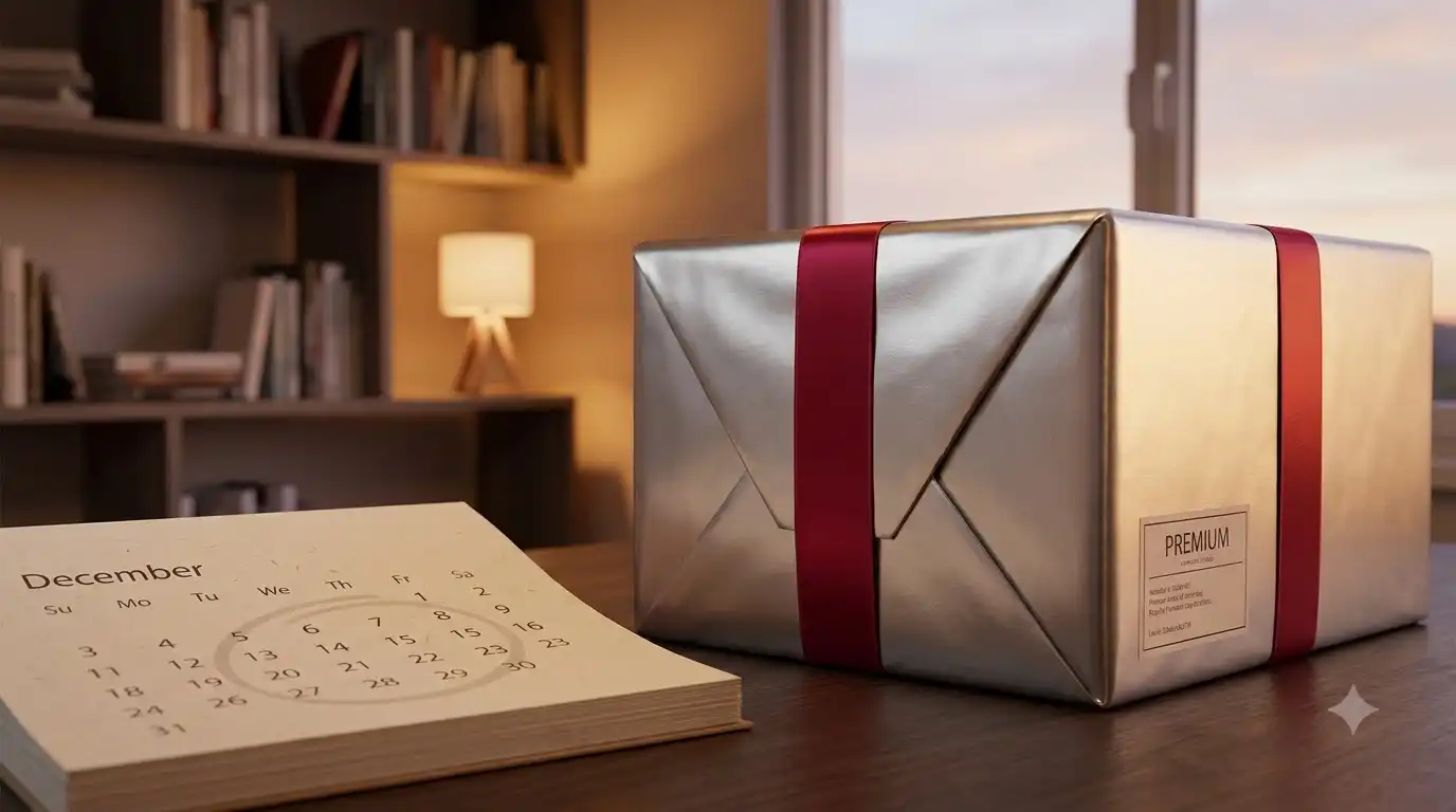 Calendar page with early December marked beside a wrapped building set gift