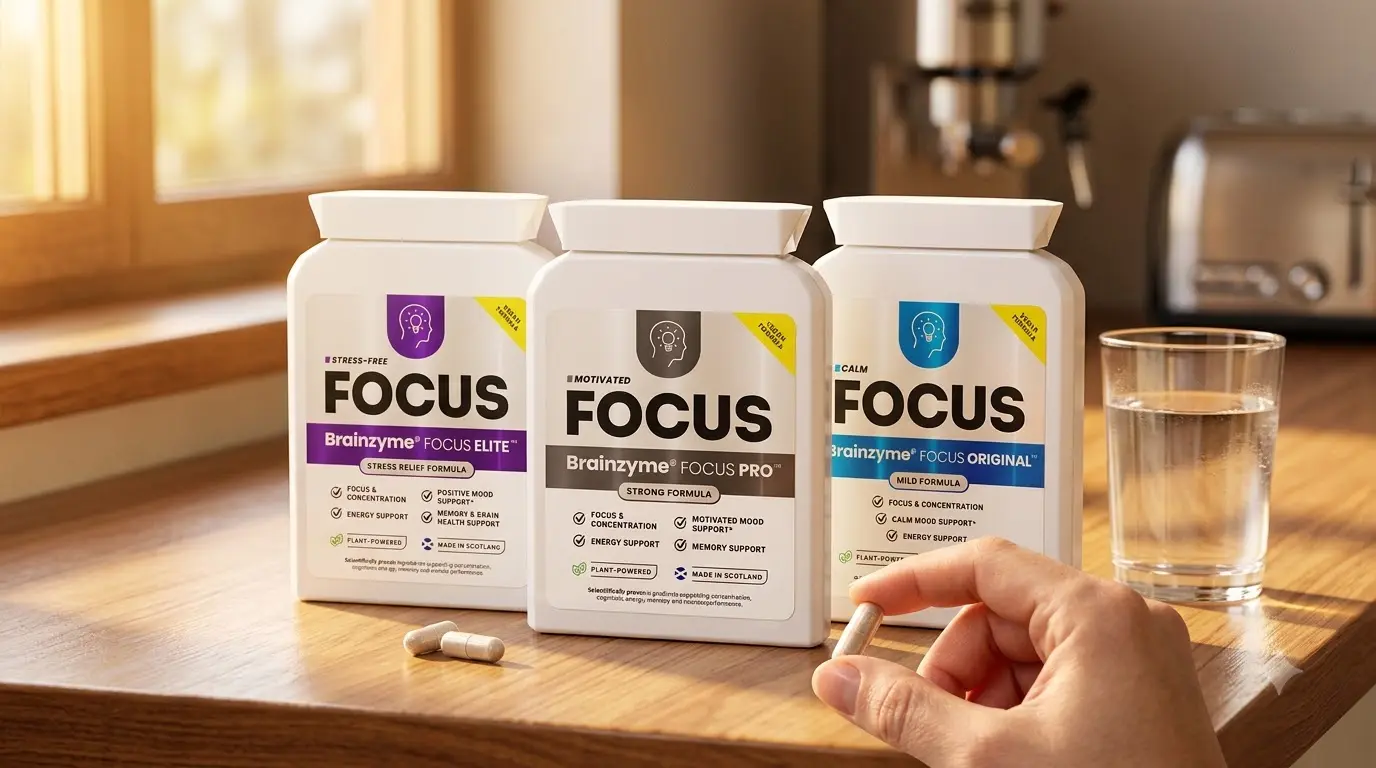 person taking Brainzyme Focus capsules with a glass of water in the morning