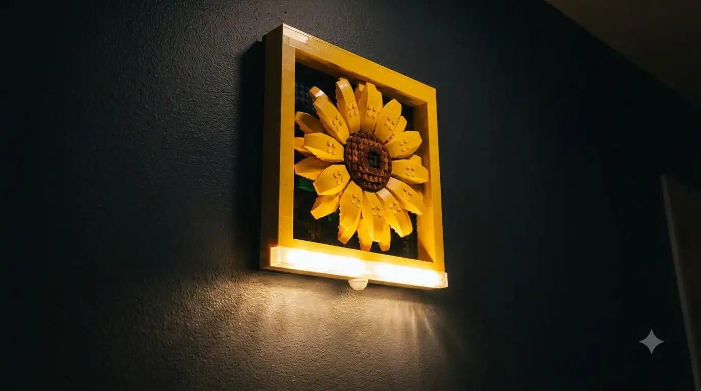 Sunflower brick wall frame with LED sensor light switched on