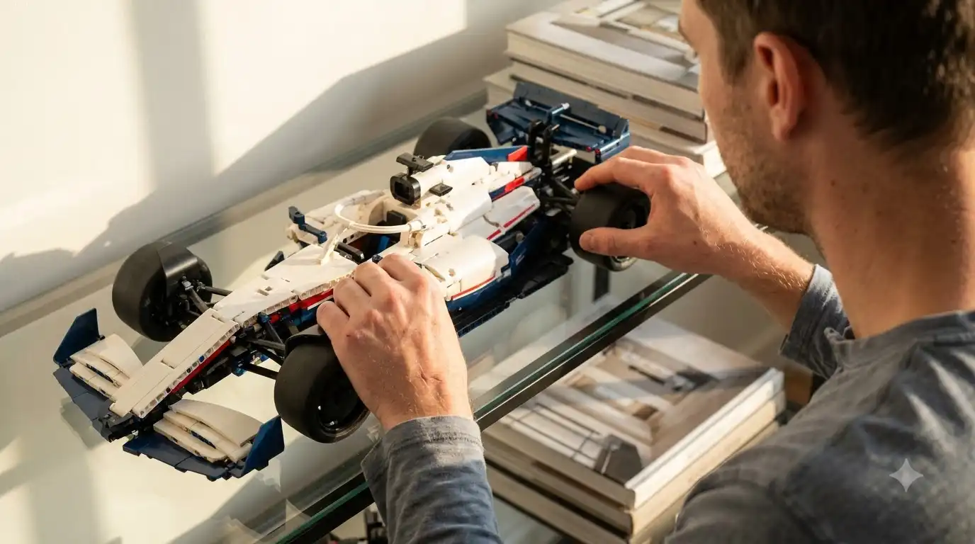 Finished 1:8 Red Bull RB21 F1 brick car on a display shelf