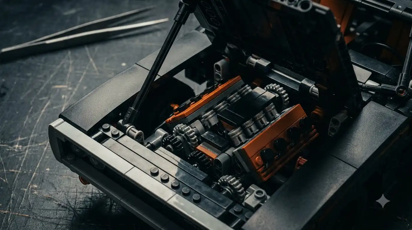 close-up of the detailed engine bay with rotating pistons on this 1:8 scale car