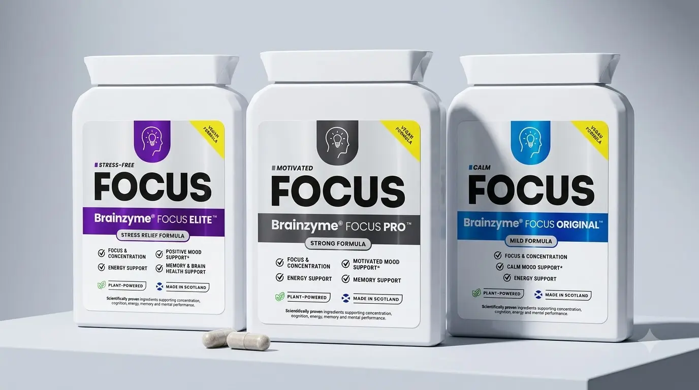Brainzyme FOCUS ORIGINAL, PRO, and ELITE capsule boxes compared