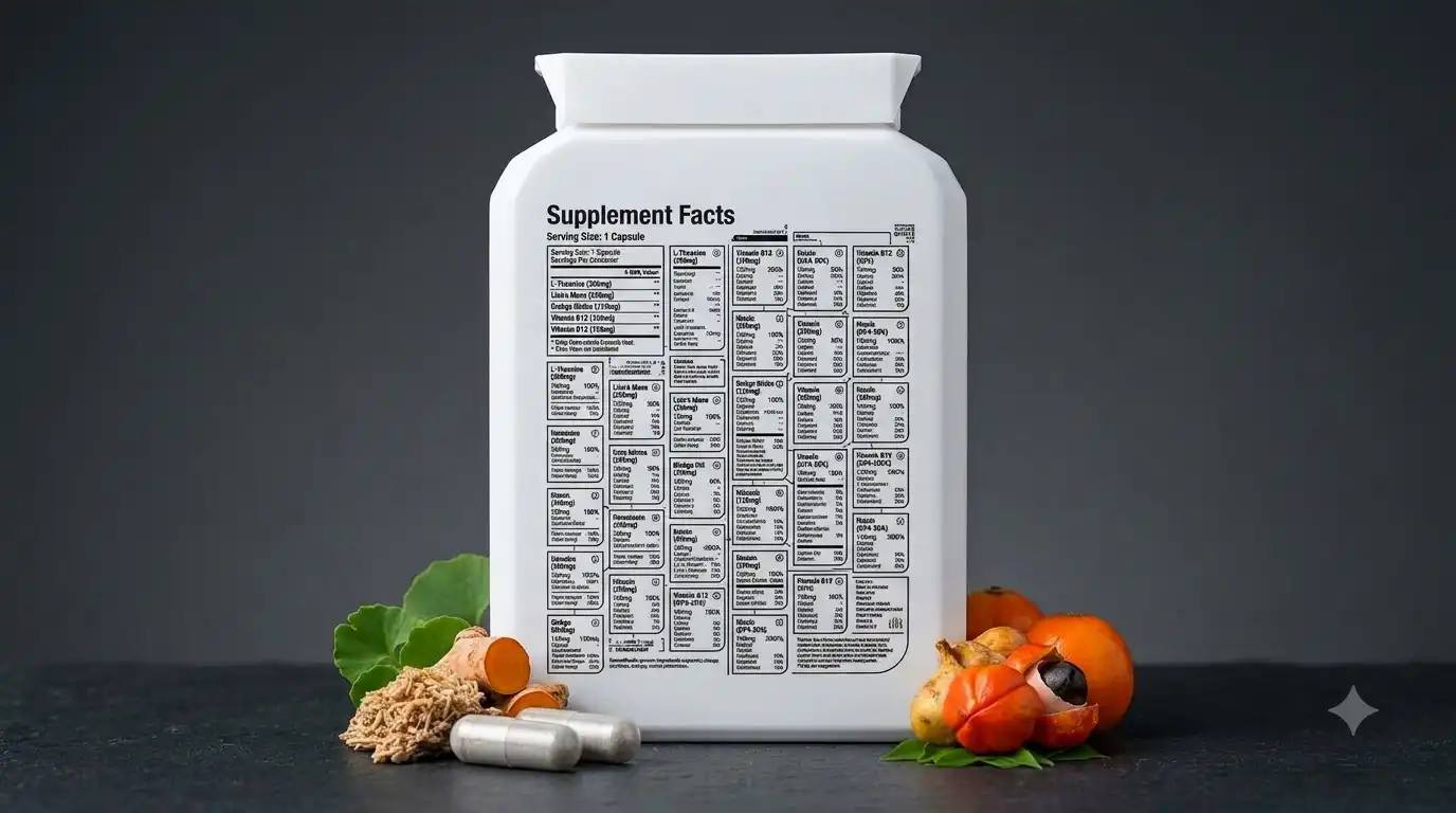 Brainzyme Focus Pro ingredients list with capsule bottle on bright background