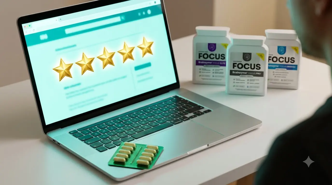 laptop screen showing Trustpilot reviews and star ratings for Brainzyme