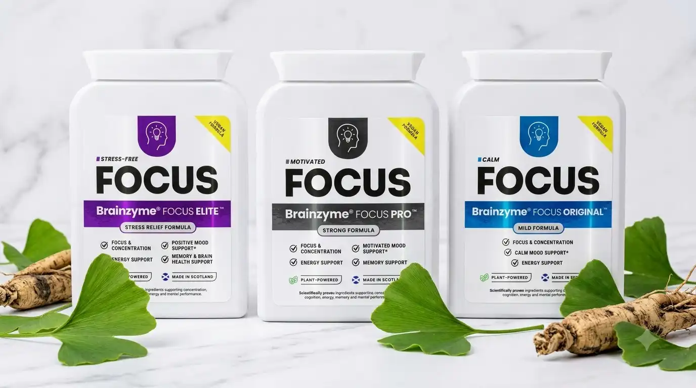 Three Brainzyme FOCUS bottles side by side with ginkgo and ginseng labeled